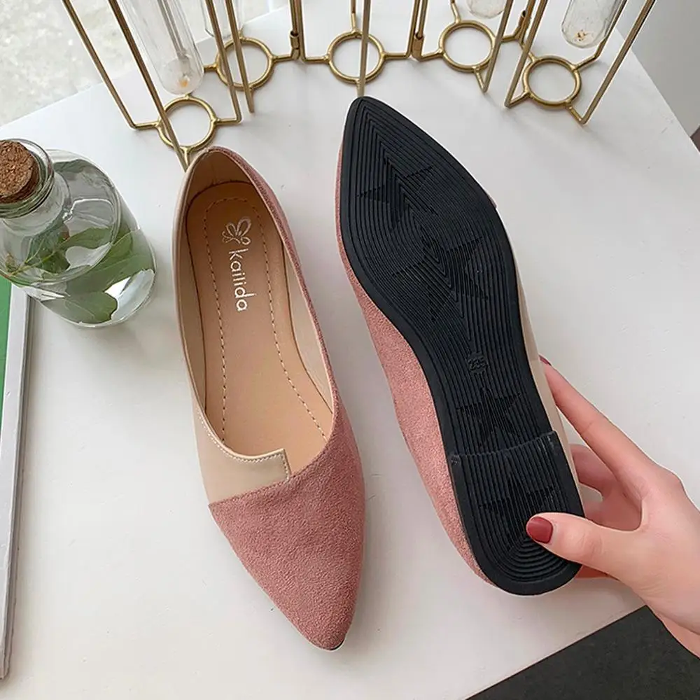 

35-40 Leather Shoes Splice Color Shoe Ballerina Slip on Shoes Women Flats 2020 Fashion Pointed Toe Ballet Footwear Buty Damskie