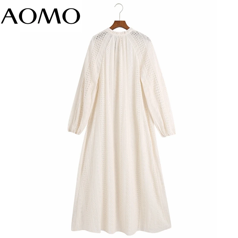 

AOMO Women Romantic Embroidery Dress Loose Long Sleeve Buttons Females Beige Midi Dresses Vestidos 6Z125A