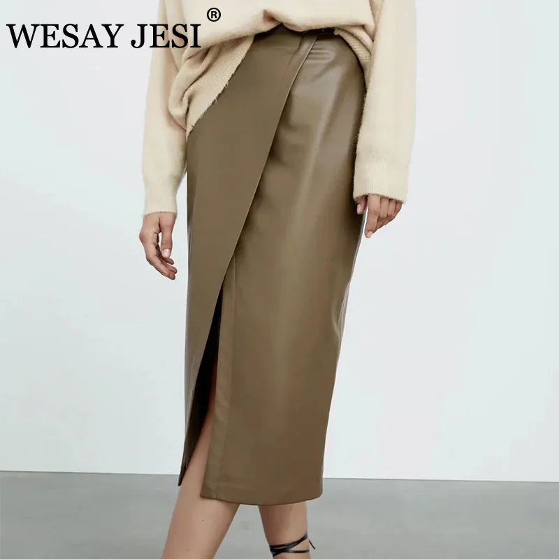 

Юбка WESAY JESI ZA Женская из искусственной кожи, элегантная длинная Асимметричная винтажная однотонная офисная одежда с высоким разрезом и завы...