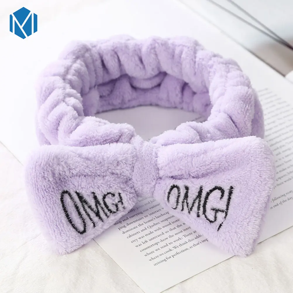 Purple OMG M MISM коралловый флис письмо OMG головные повязки с бантиком для женщин девочек мыть лицо эластичная чалма лента для волос Макияж Аксессуары для волос - Цвет: Purple OMG