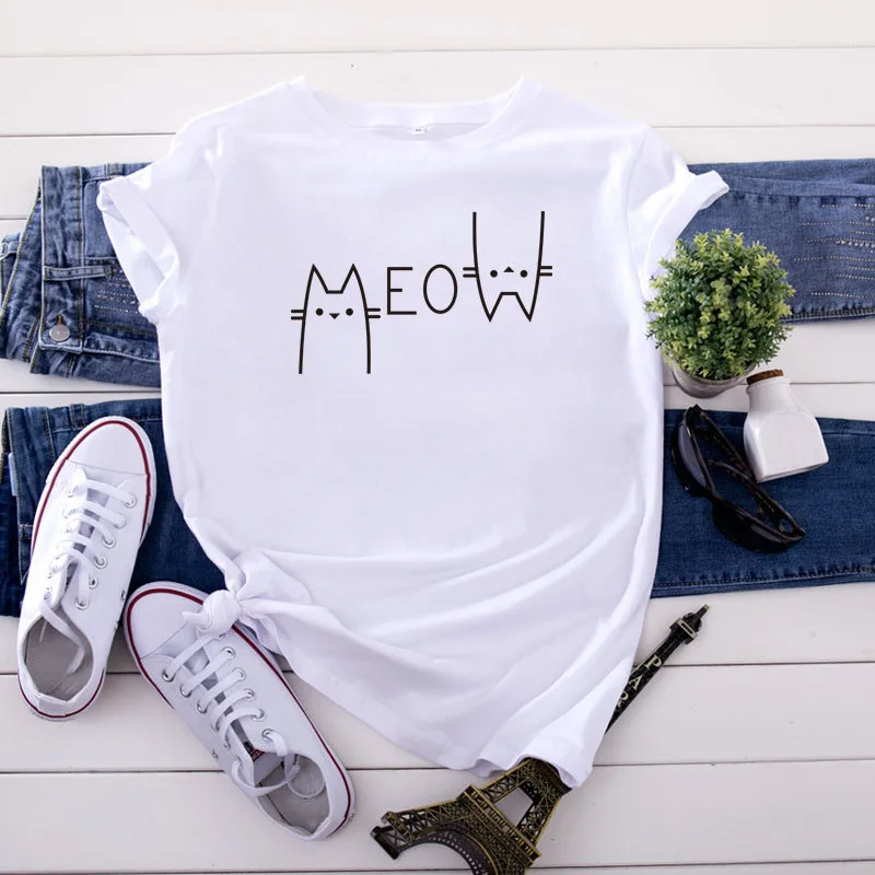 

fun cute cat Spoof tops tees casual ins Cartoon Loose harajuku women shirt album clothes vintage Short sleeve Punk women T-shirt