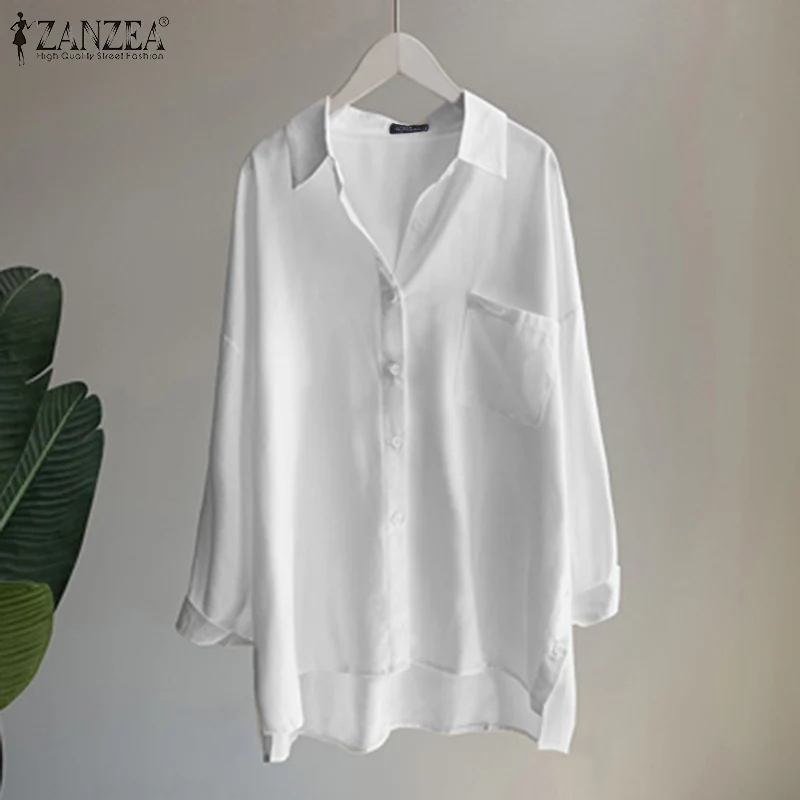 

Women Irregular Hem Blusas 2022 Fashion OL Shirt ZANZEA Solid Long Sleeve Tops Autumn Oversize Lapel Blouse Casual Satin Chemise