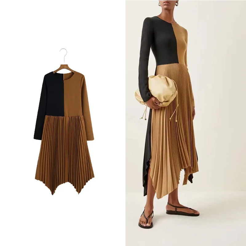

TRAF Za 2021 Women Dresses Casual New Splicing Knitting Long Dress Woman Fashion Style Long Sleeve Party Dresses