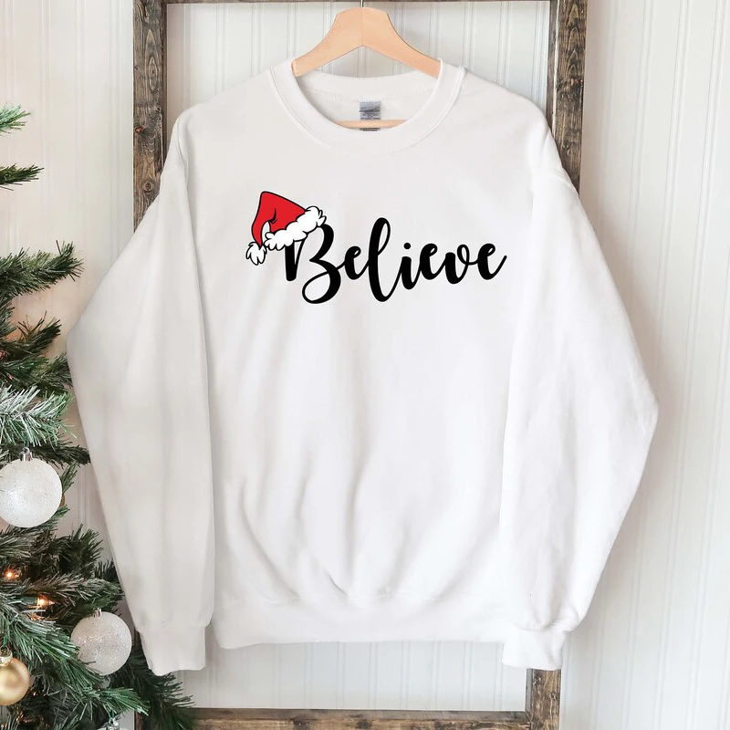 

Believe Santa Claus Festival Sweatshirt Women Long Sleeve Harajuku Vaction Graphic Pullovers Merry Christmas Clothing for Unisex