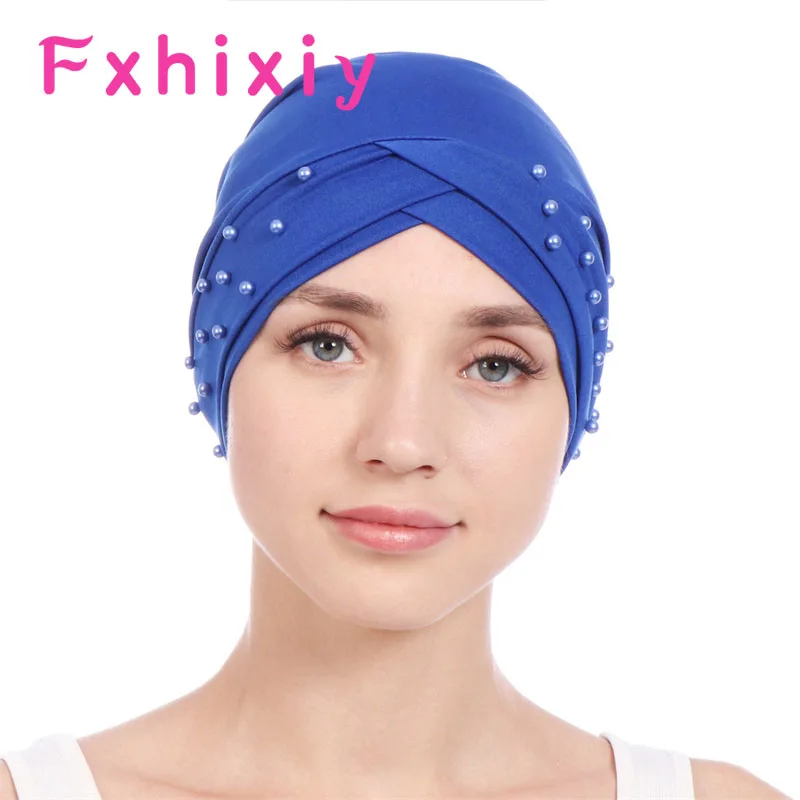 

New Women Elastic Turban Hat Muslim Islamic Beads Cancer Chemo Cap Ladies Stretch Beanies Head Scarf Bandana Hair Accessories