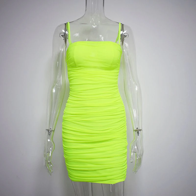 

Pleated Sling Bodycon Bandage Dress 2021 Women Sexy Party Spaghetti Strap Mini Summer Dresses Vestidos