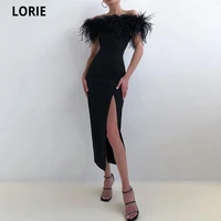lorie straight four way stretch tea length evening dresses 2021 prom dress with feather side slit vestidos de fiesta party gowns