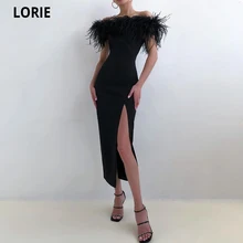 LORIE – robe De soirée droite, extensible, longueur thé, quatre voies, avec plumes, fente latérale, robes De bal, 2021  (2)