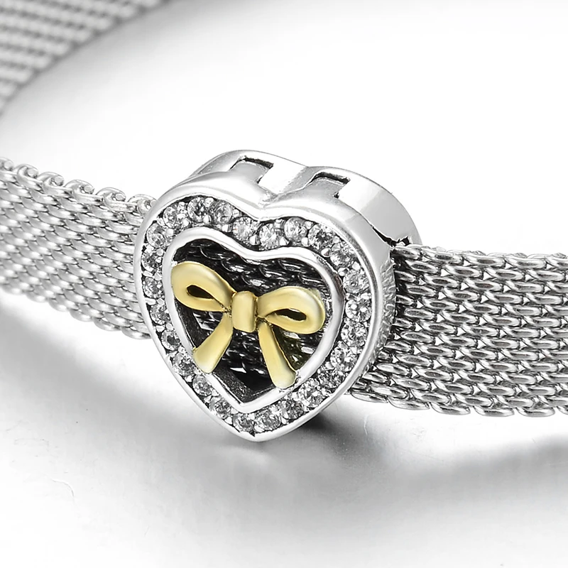 925 Sterling Silver Gradient golden bow Clear Zircon Heart Clip beads Fit Original Reflection Charm Bracelet Fine Jewelry Making | Украшения