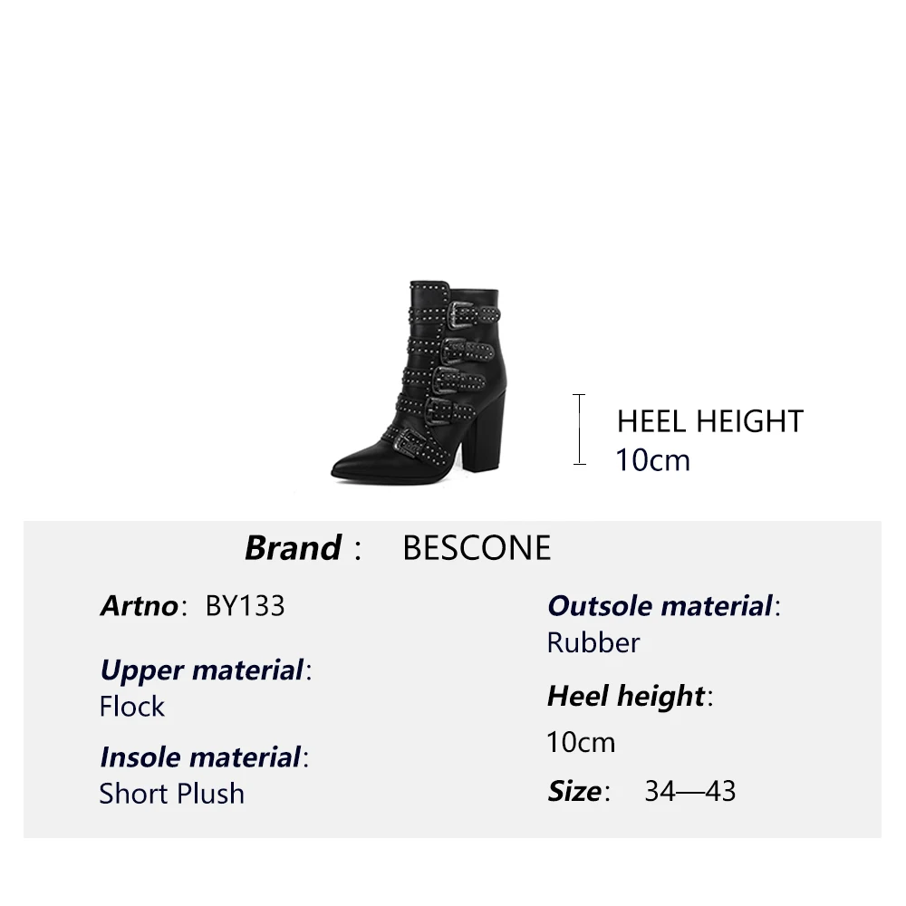 

BESCONE Sexy Pointed Toe Women Mid-Calf Boots Winter Handmade Metal Buckle Square Heel Shoes Super High Heel Ladies Boots BY133