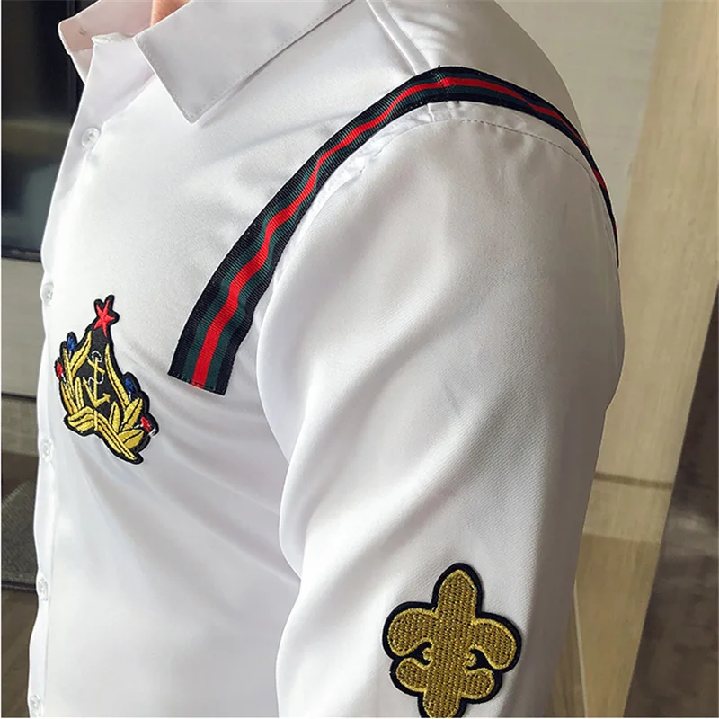 

2021 Spring Korean Slim Long Sleeve Shirt Fashion Club Party Tuxedo Luxury Gold Embroidered Shirt Men Slim Men's Clothing Shirt