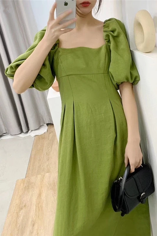 

Women's Summer Fluffy Sleeve Butter Fruit Green Small Fresh Long Dress Long Skirt