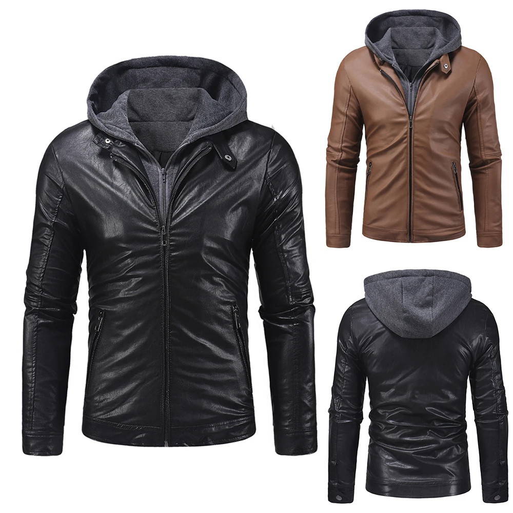 

Mens Leather Jackets Long Sleeve Hooded Casual Leather Solid Coat Men Zipper Turn Down Collar Spring/Autumn Outwear Fashion Tops
