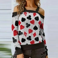 sexy ladies off shoulder spring autumn blouse 2022 women long sleeve casual poker print shirt top elegant halter plus size blusa
