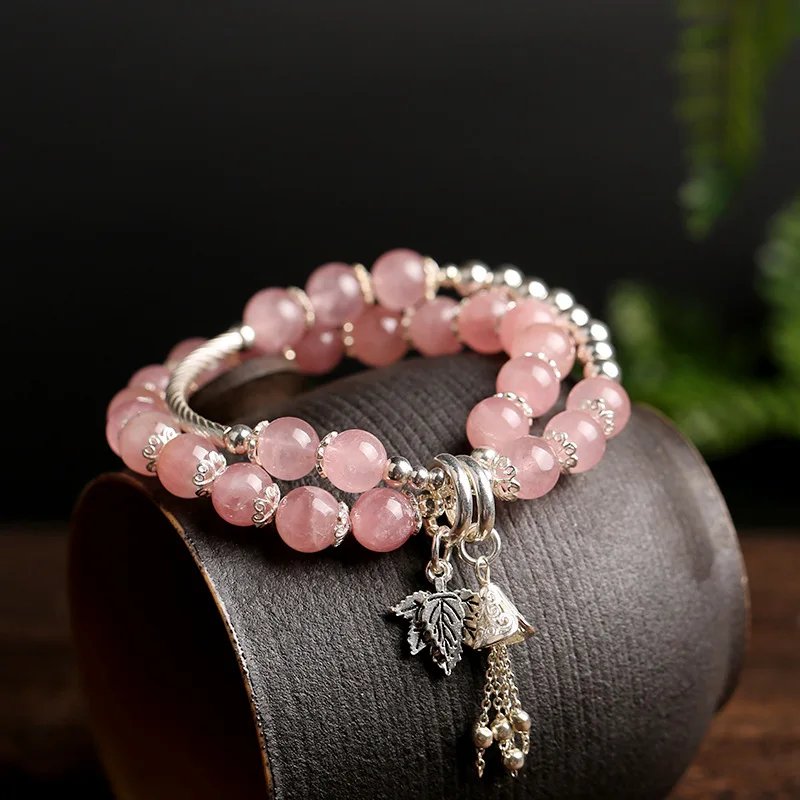 

OMHXZJ Wholesale CS08 European Fashion Woman Girl Party Gift Natural Rose Quartz Beads Tassel 100% 925 Sterling Silver Bracelet