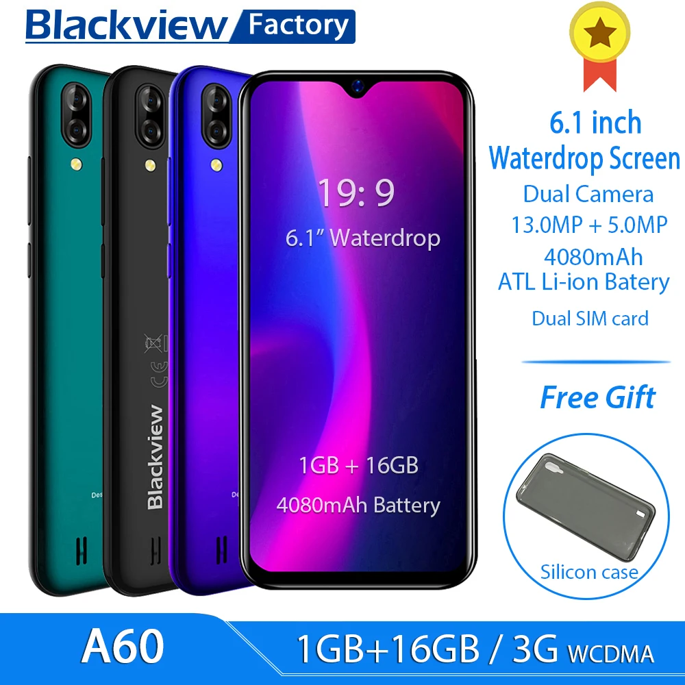 Blackview A60 4080 мАч Смартфон Android 8,1 13 МП камера заднего вида 16 Гб сотовый телефон MT6580 четырехъядерный 6," экран капли мобильный телефон