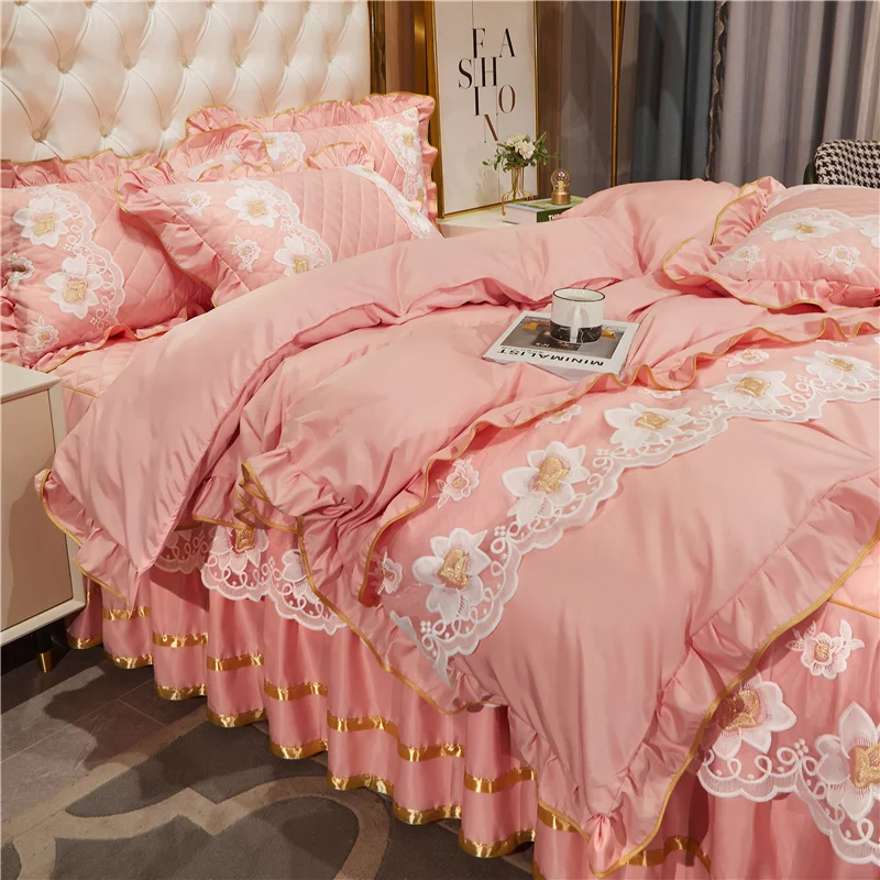 Пододеяльник в Корейском стиле с кружевной цветочной вышивкой однотонный