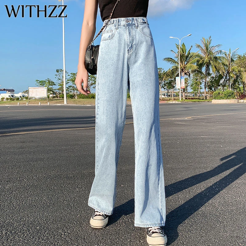 

Женские джинсы с широкими штанинами WITHZZ, весенне-осенние джинсовые брюки с высокой талией, свободные прямые брюки в стиле ретро