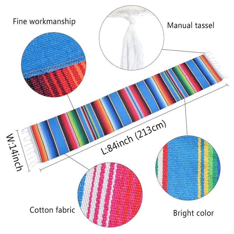 14x84 Inch Mexican Serape Table Runner Cloth Cover For Mexican Tablecloth Party Wedding Decoration Fringe Cotton Table Runner