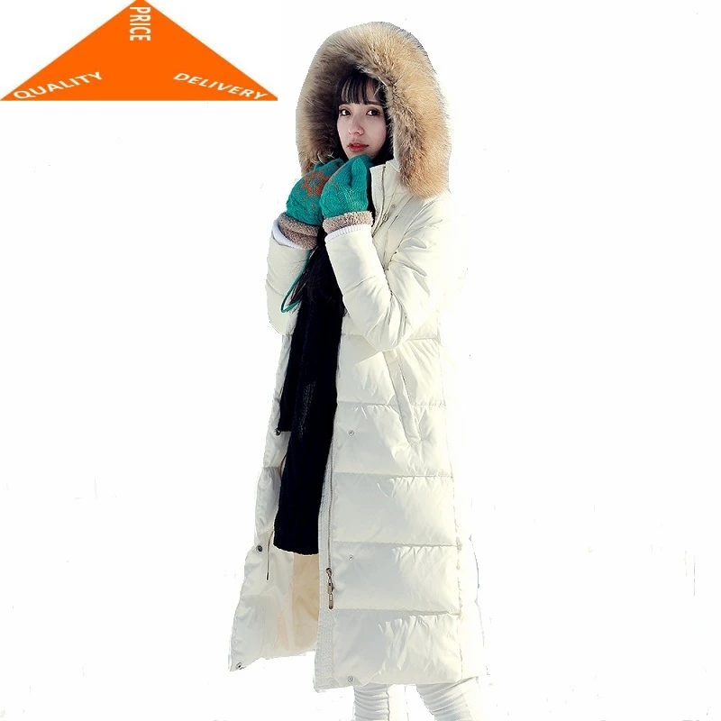 

Зимний женский пуховик на утином пуху с большим мехом и капюшоном, плотный Теплый Женский пуховик, модное длинное пальто, зимнее пальто, LW9409