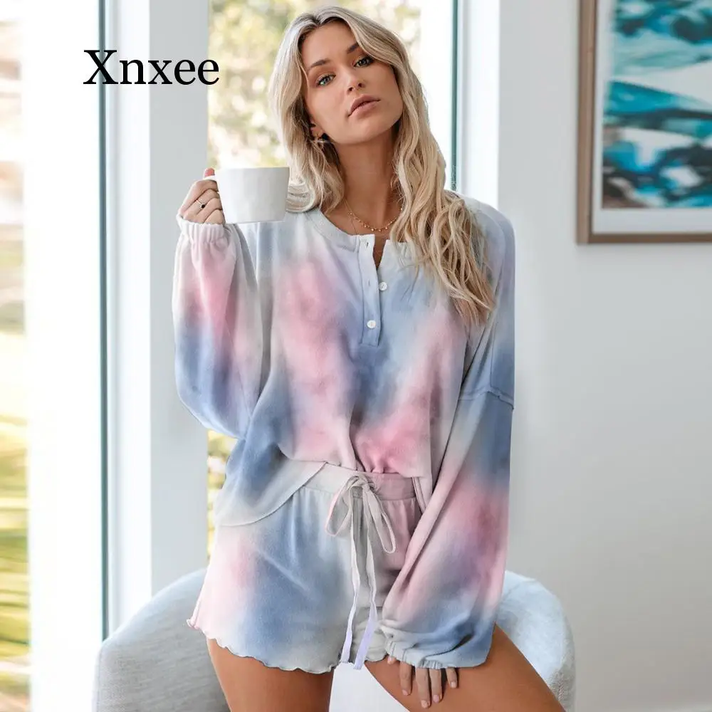

Pajamas For Women Home Service Two-piece Suit European and American New Casual Pajamas Long-sleeved Shorts Tie-dye Pajamas Suit