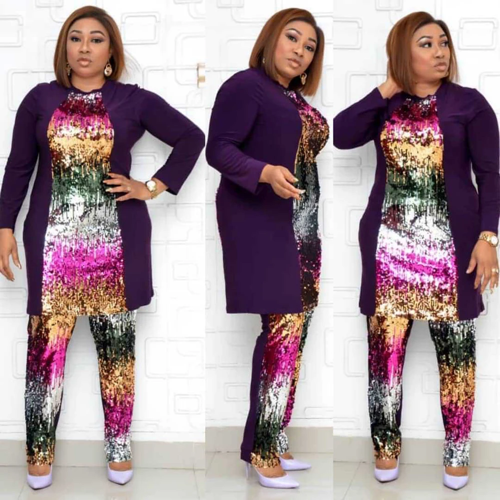 

Ladies Clothing Plus Size Dashiki Tops + Pants Colorful Sequins 2 Two Piece Set Patchwork Linen African Dresses for Women