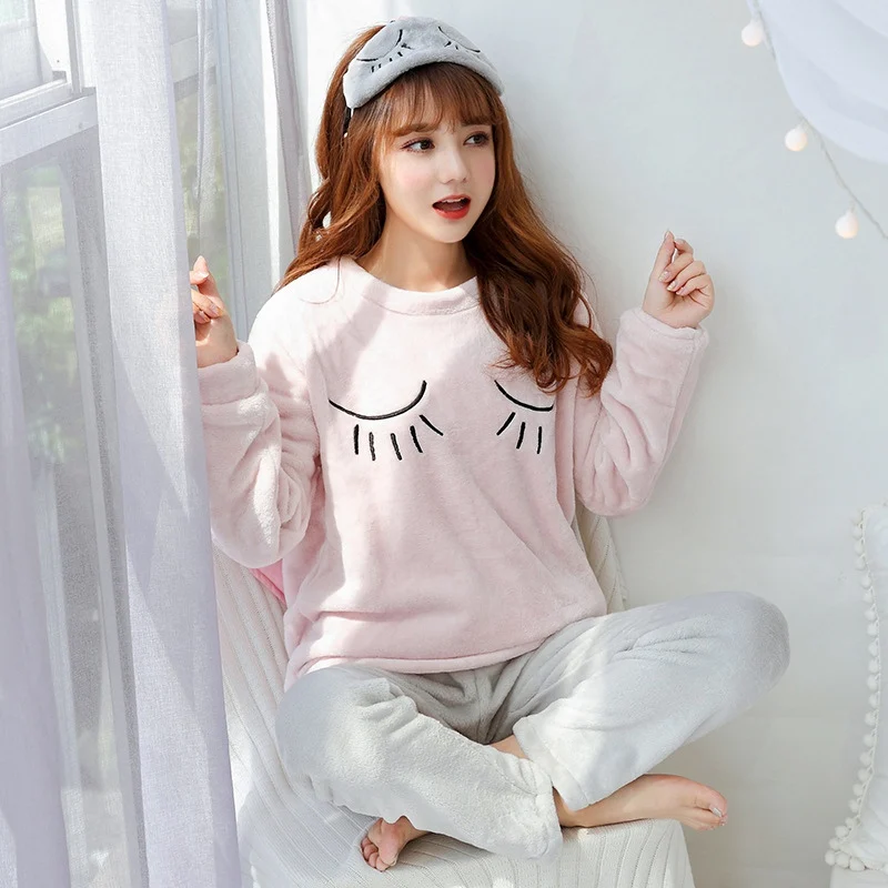 pinkSF2132 Пижамный комплект из 2 предметов, пижама, домашний костюм для женщин, теплая пижама с длинным рукавом и изображением кота, зимний бархатный пижамный комплект с принтом животных - Цвет: pinkSF2132