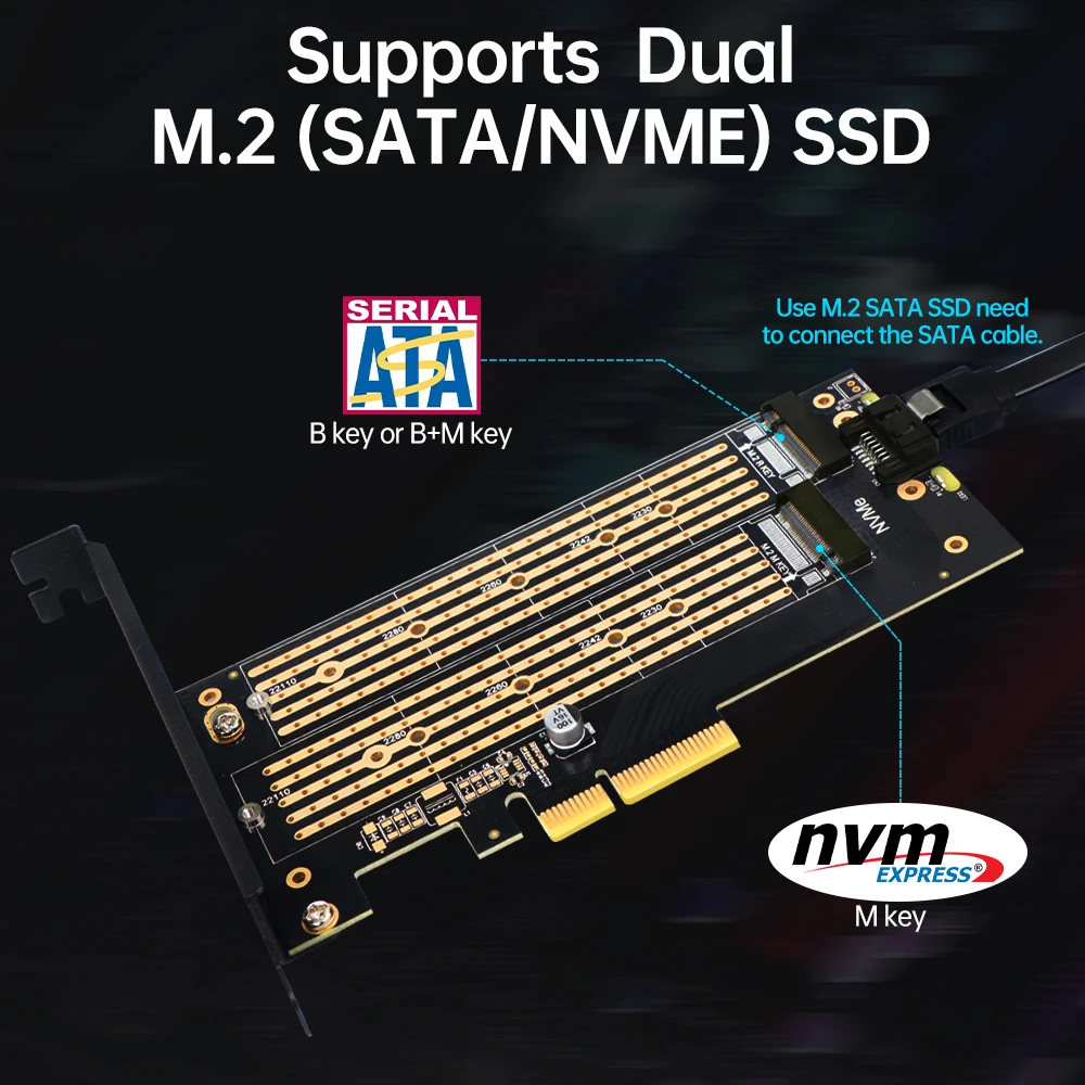 AMPCOM Dual M.2 PCIE 4 0 адаптер для NVMe / SATA SSD NVME (m Key) и (b PCIe x4 слот с полным/низким профилем |