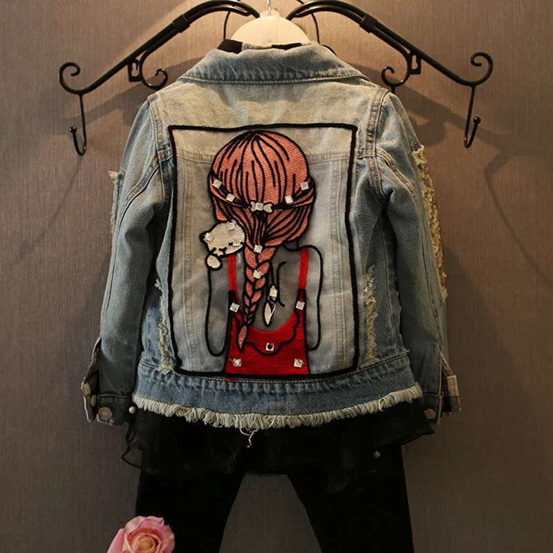 

1-12Yrs Baby Girls Hole Denim Jackets Coats Fashion Children Outwear Coat Sequins Little Girl Design Girls Kids Denim Jacket