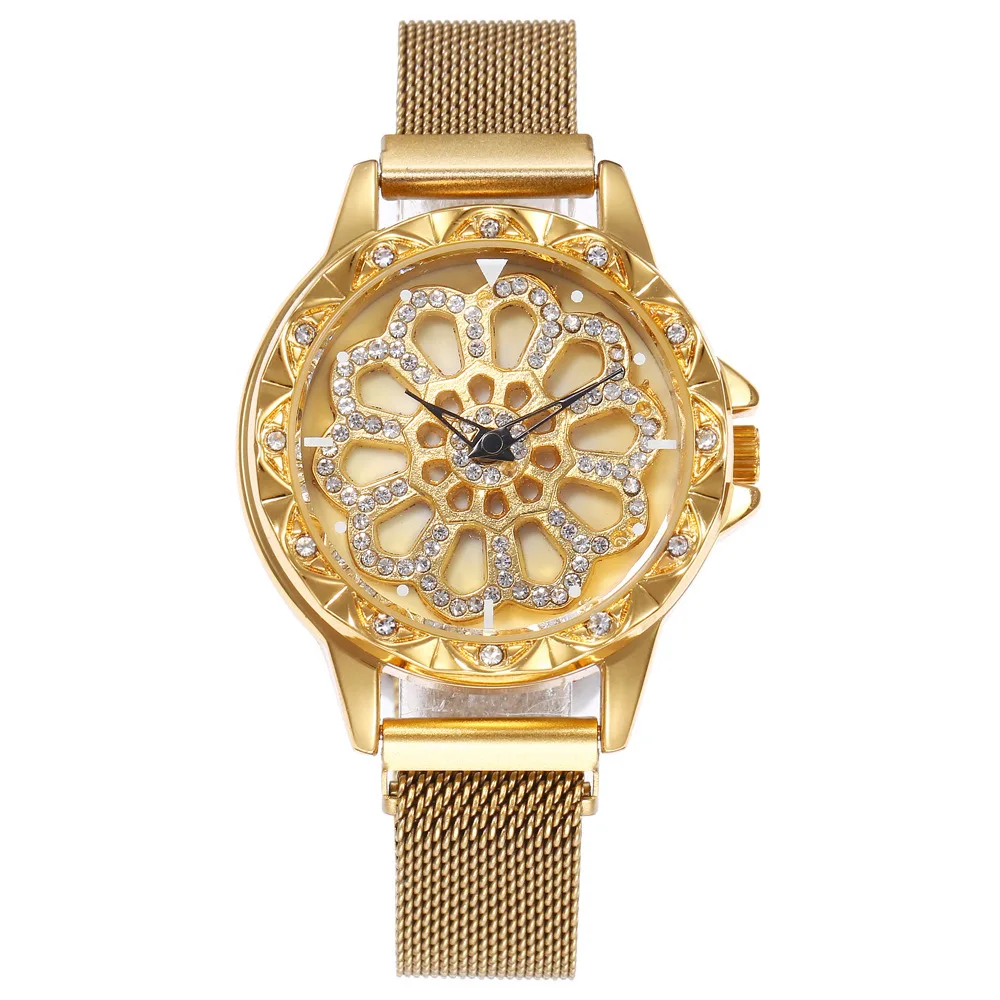 Popular Fashion Women New Hollow Flower Pattern Disc Rotary Diamond Watch Magnet Belt Watch