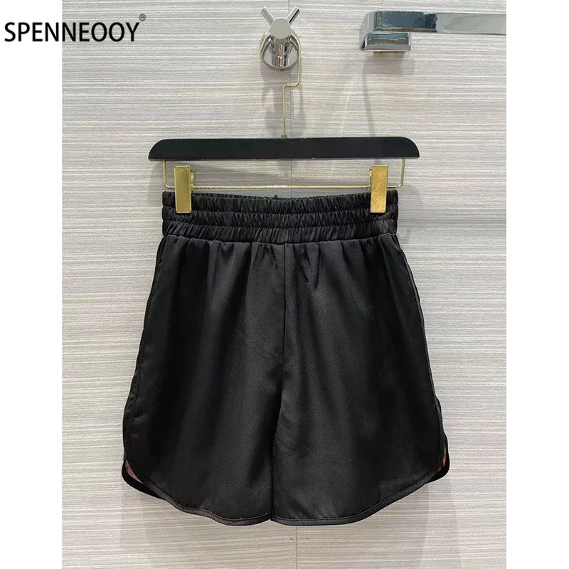 SPENNYMOOR  Designer Brand Summer Casual Shorts Women Elastic Waist Letter Print Lining Shorts