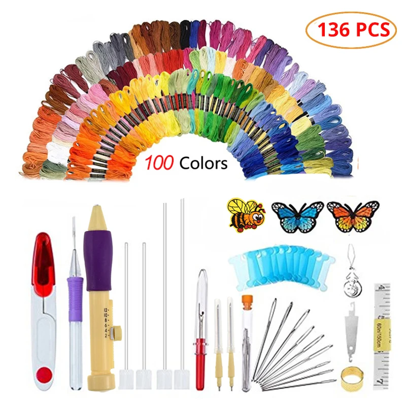 

136 PCS Embroidery Starter Kit for Knitting Craft Magic Punch Pen 100 Colors DIY Cross Stitch Sewing Skeins Women Embroidery Kit