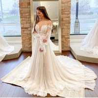 2021 off shoulder wedding dress long sleeve floor length royal train custom made lace appliques brides dress gorgeous for women