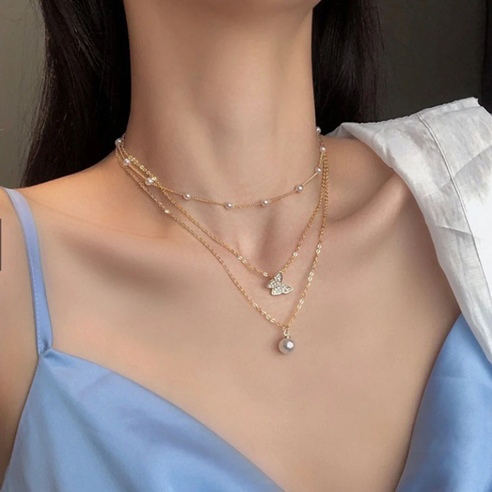 

SUMENG 2022 NewShiny Butterfly Necklace Ladies Exquisite Double Layer Clavicle Chain Necklace Jewelry for Ladies Gift