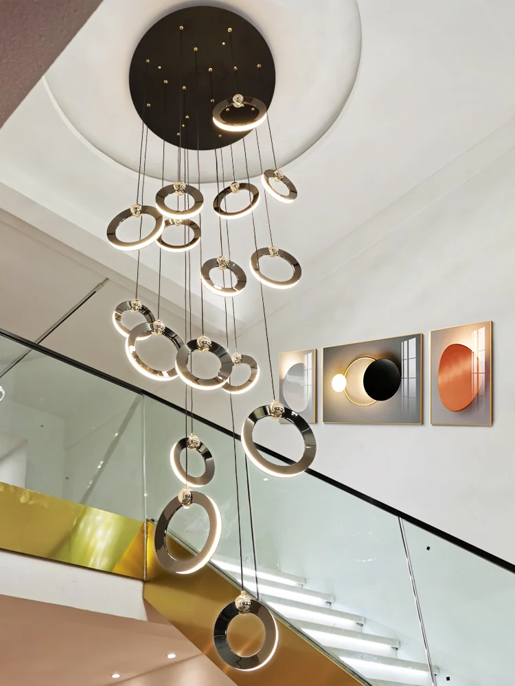 

New Product LED Modern Light Luxury Living Room Chandelier Villa Staircase Hotel Bedroom Ring Long Chandelier