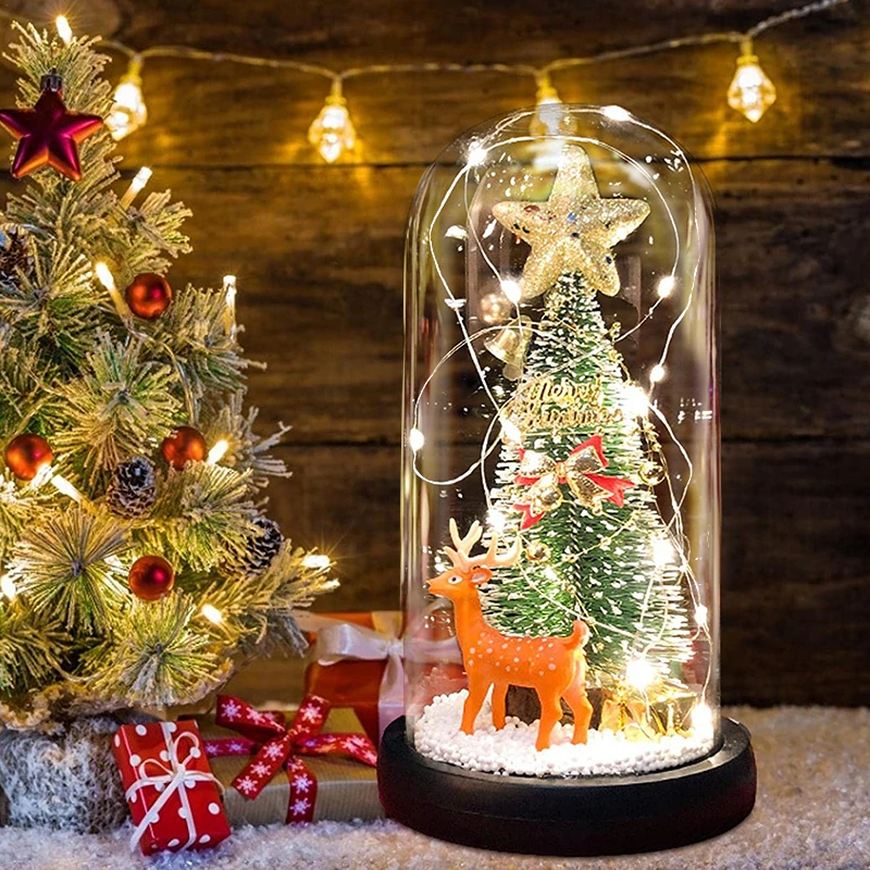 

LED Glowing Christmas Tree USB Desktop Glass Cover Cedar Reindeer Decoration Ornaments Christmas Decoration 2022 New Year Gift