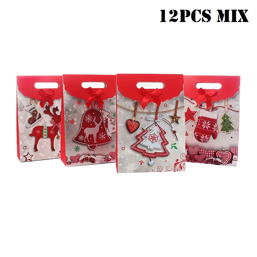 D 12pcs mix 12 шт./компл. ярко-красного цвета с рисунком Санта Клауса, большие сумки, Reutilizables Веселый Рождественский подарок сумки Бумага рождественские конфеты сумка с ручками - Цвет: D 12pcs mix