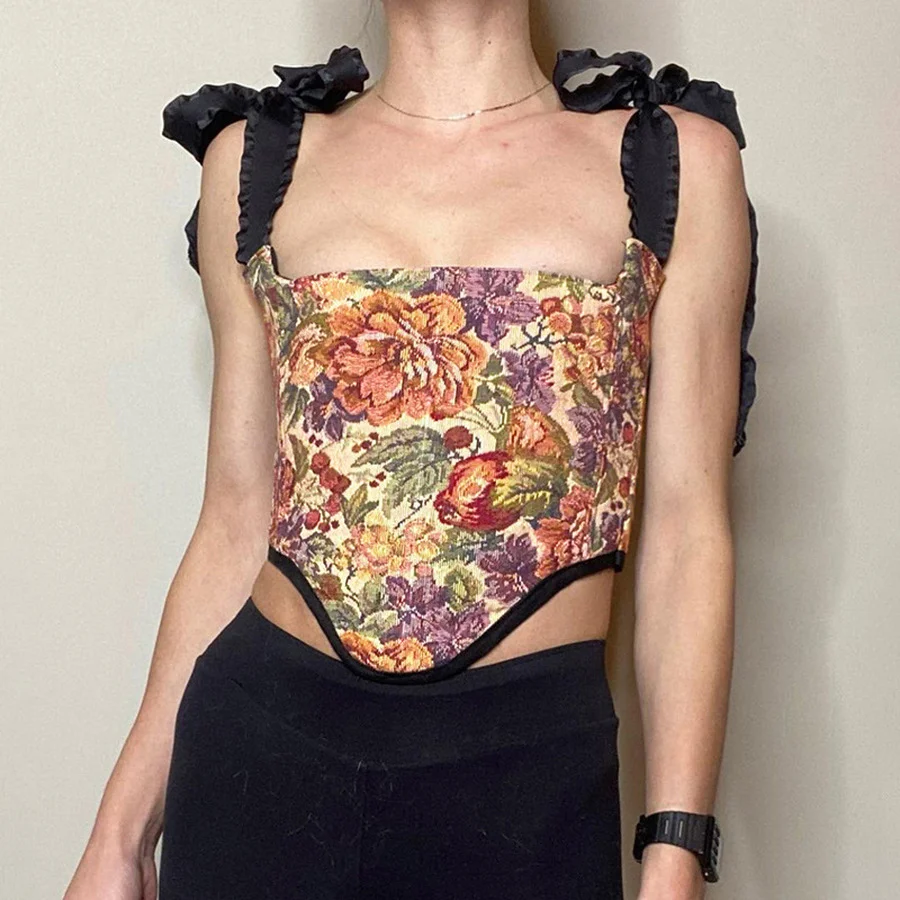 

New Women's Retro Camisole T-shirt Sling Flower Embroidery Print Top Popular Palace Style Y2K Party Club Boho Crop Top Summer