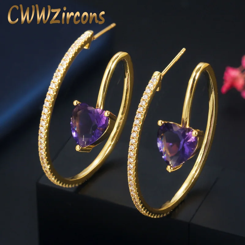

CWWZircons Aesthetic Love Heart Purple Cubic Zirconia Crystal Gold Color Loop Hoop Earrings Women Fashion Korean Jewelry CZ754