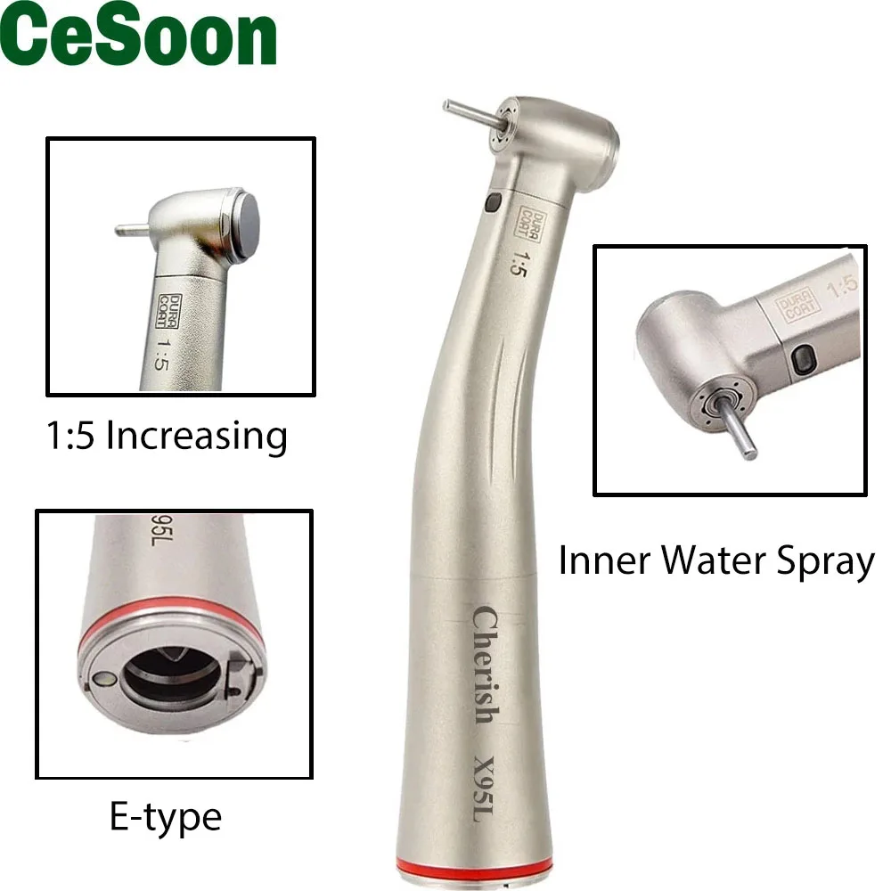 

Dental 1:5 Increasing High Speed Contra Angle Fiber Optic LED Handpiece Inner Water Spray Push Button E-type Air Turbine X95L