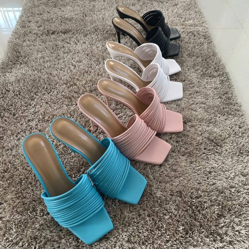 

New Leather Slippers High Heels Summer Slipper Shoes Women Sandals Sexy Square toe High heel Pump Shoe Ladies Party shoes