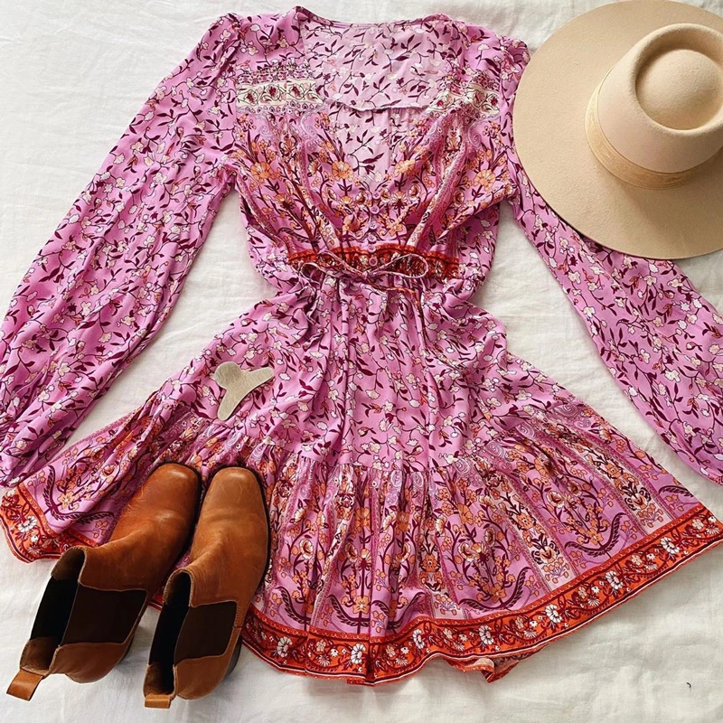 Богемный Вдохновленный Бирюзовый Длинные рукава женское платье с v образным