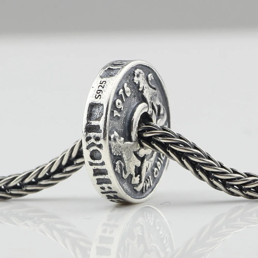 

925 Sterling Silver Beads Charm Retro Elf Coin Fit European Troll 3.0mm Bracelet Jewelry
