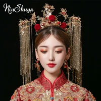 niushuya traditional chinese style red velet ball bridal headpiece ancient costume long tassel wedding jewelry hair accessories