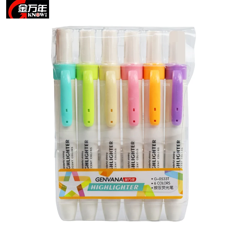 

Know G-0533T Press Type Highlighters 6 Colors Kawaii Art Marker Pens Candy Colors Bright Fluorescent Pen Drawing Marking Focus