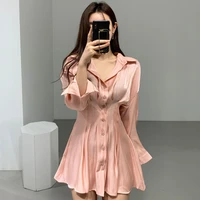 summer shirt dress for women fashion single breasted mini dress long sleeve a line party vintage dresses female