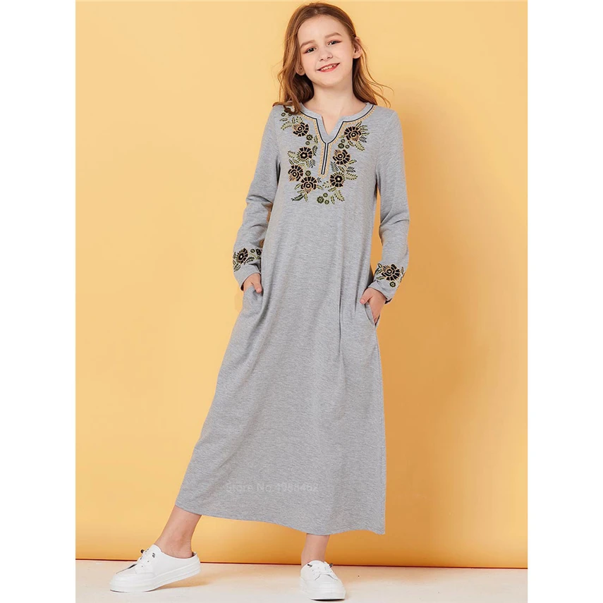 

Islamic Clothing Muslim Abaya Robe Kids Teen Girls Middle East Dubai Arabian Fahsion Floral Embroidery Pocker Gray Dress Child