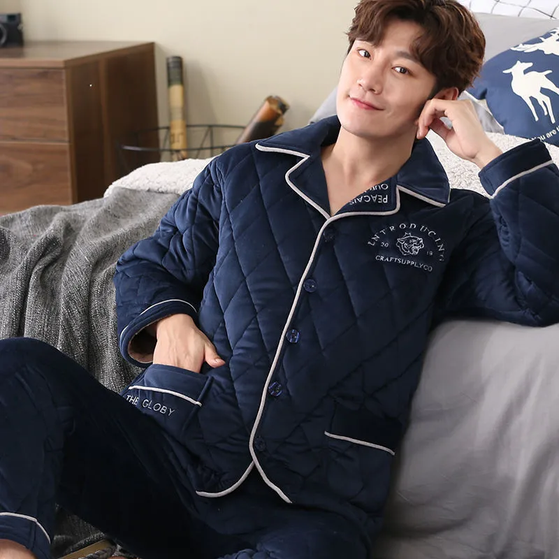 Men Pijamas  Winter Thick Warm Flannel Mens Pajama Set Long Sleeve Coral Velvet Sleepwear Suit Outwear Home Clothes