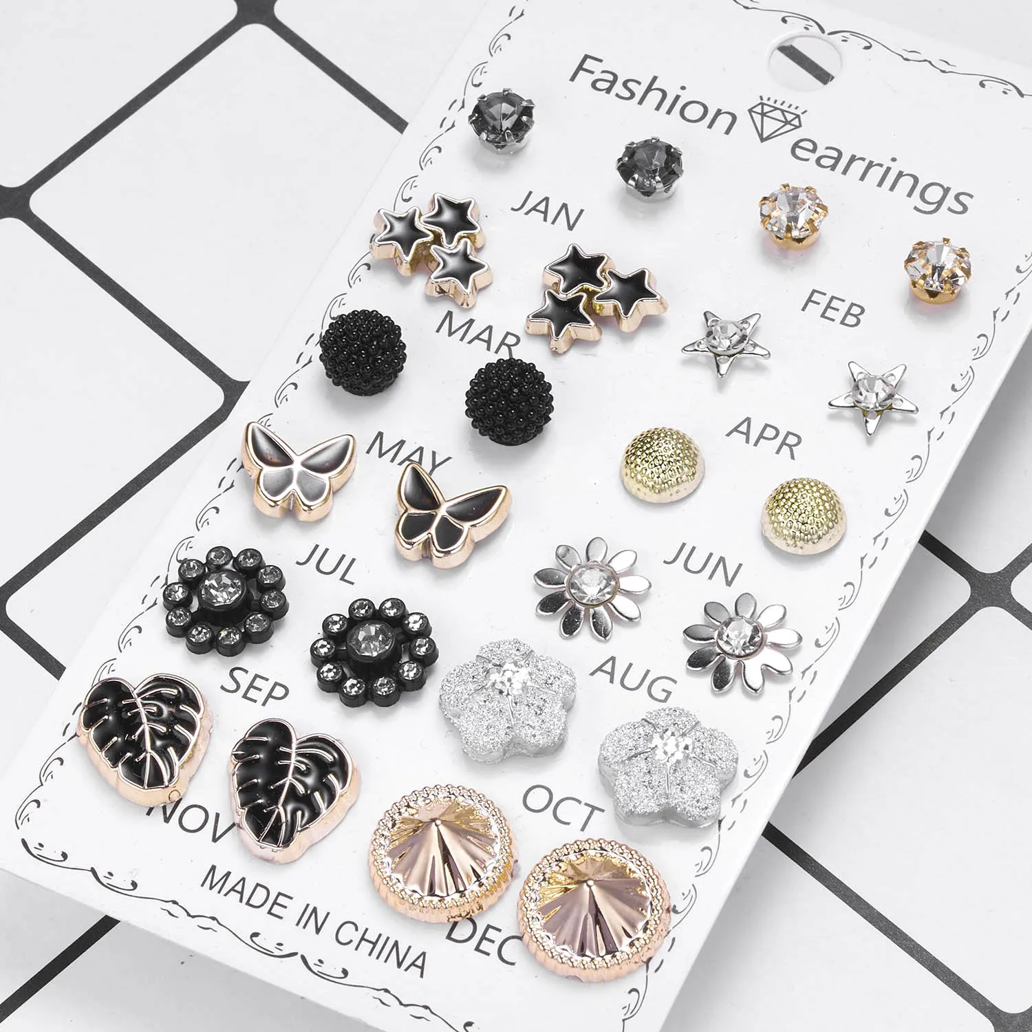 

12 Pairs/set Crystal Rhinestone Flower Stud Earring Set Women Jewelry Accessories Month Jan-Dec Piercing Ball Stud Earring Kit