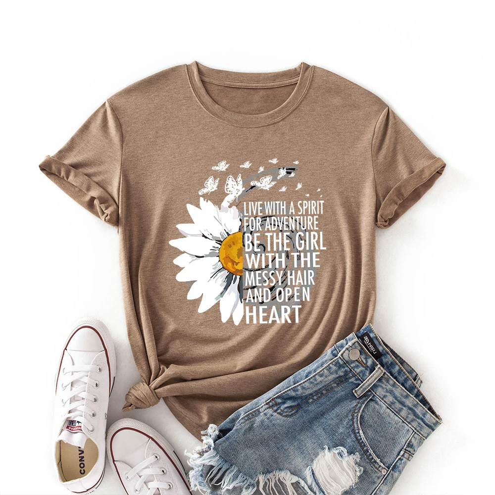 

Woman Short Sleeve Colored Graphic Tees Summer T-Shirt Tops Shirts for Women Live with A Spirit for Adventure Sunflower